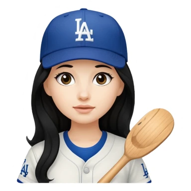 Can you make an emoji of a girl with fair skin with black long hair wearing an LA dodger hat sticker