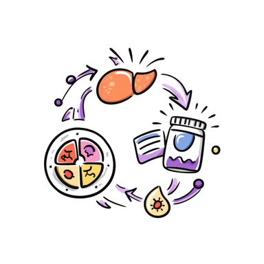 Anti-diabetic treatment diagram: orange liver, pink muscle cells, and yellow fat cells responding to blue anti-diabetic medication, with purple insulin pathways activated. Hand-drawn cross-section showing cellular absorption of red glucose particles and balanced blood sugar levels. sticker