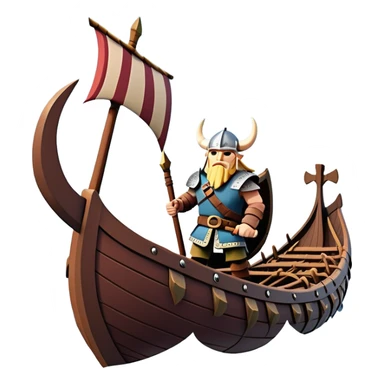 clash-of-clans-aesthetic_-cinematic-viking-longboat, rendered in a flat, bold vector style with minimal shading, featuring a striking dragon-headed prow slicing through waters. shields on the side and vikings rowing The longboat’s, the boat has carved motifs evoke a sense of epic adventure and Nordic might, with billowing sails catching a dramatic, stormy sky backdrop. sticker
