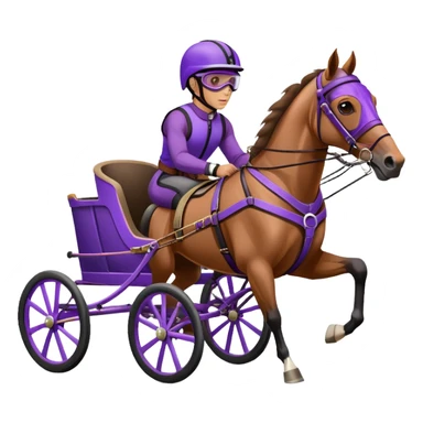 A brown harness racing horse. The sulky, a lightweight two-wheeled cart, is painted in black and attached to the horse’s harness. A driver, dressed in purple, is seated in the sulky, wearing a purple helmet with goggles. sticker