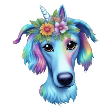 Multicolored rainbow retro groovy tie dye hippie trippy floral patterns on a metallic holographic iridescent blue dog face head unicorn sticker