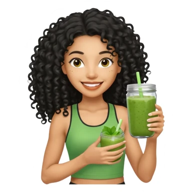 Mixed-race athletic woman with caramel skin, long black curly hair, holding a glass jar of green smoothie,  sticker