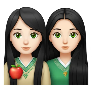create an emojis, apple type like, two girls : 1st central Asian with straight black long hair, pale, black eyes. Second one is more European looking, brown/ kinda gold hair, just a little bit slightly wavy, green eyes    sticker