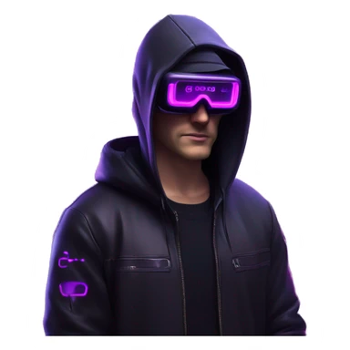Russian man wearing a black hoodie with "OMG" letters on it and VR headset in a cyberpunk VR environment with violet neon lighting. sticker
