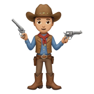 A young cowboy with oversized boots, excited expression, and a tiny toy revolver.
 sticker