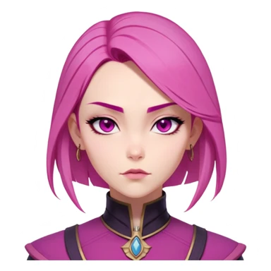 Vi from Arcane (Netflix Animation)

Face Shape: Strong, angular with high cheekbones and a defined jawline. Slightly pointed chin.
Skin Tone: Fair with a pinkish undertone.
Eyes: Large, almond-shaped, slightly downward-tilted, deep magenta/pink.
Eyebrows: Thick, sharp, slightly arched, adding to her bold expression.
Nose: Small to medium with a slightly upturned tip.
Lips: Full but not overly plump, often pursed or smirking.
Hair: Vivid pink/magenta, short and asymmetrical—left side shaved, right side with long, voluminous bangs partially covering her eye. The back is short and messy.
Other Features: Light freckles, a scar on her right eyebrow.
Expression: Intense and confident, often smirking or glaring.
Accessories: Small silver hoop earring in her left ear.
Tattoo: Roman numeral "VI" on her left cheekbone, below her eye. sticker