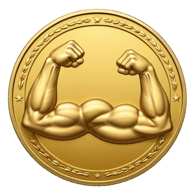 A gold coin engraved by a bent arm showing a big biceps. No human, only the arm sticker
