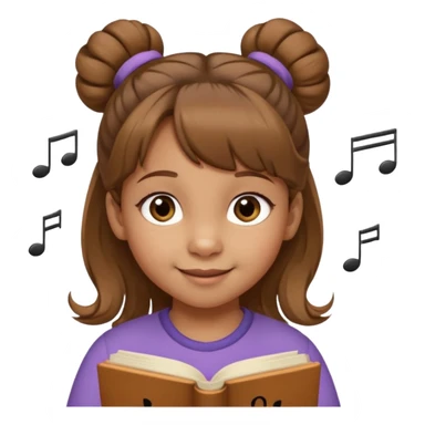 Niña de 4 años con ojos marrones claros, pelo castaño claro con dos moños altos y pelitos sueltos a modo de flequillo, nariz chata y risueña. Con nota musical sticker