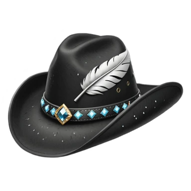 black cowboy hat with a black feather and some small diamonds sticker
