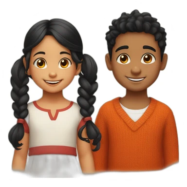 smiling 3 years old indian girl with black curly hair in pigtails wearing a orange dress with a smiling 3 years old white skin indian boy with straight black hair wearing a dark red sweater sticker