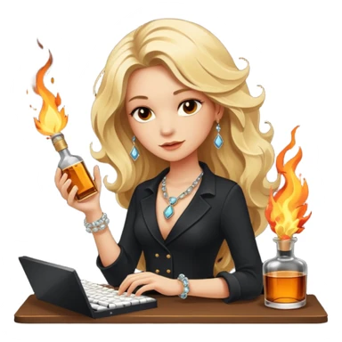 A sketchnote illustration rendered in a strong moody style, featuring a blonde woman with cascading gorgeous hair, a keyboard, a whiskey bottle, a key, a jewelry box, and fire elements against a black background. The lighting is low with low contrast, emphasizing dramatic shadows. sticker