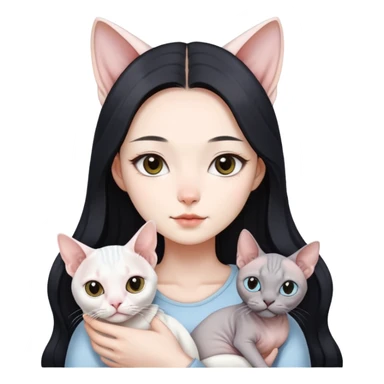 A beautiful korean Girl with black longhair holding a white cat and a white Sphynx and a grey Sphynx Cat sticker