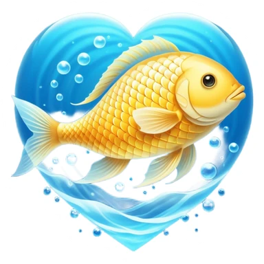 Ethereal golden fish in the shape of an omega symbol, radiating gentle waves of energy that flow toward a glowing brain and heart. The fish appears translucent and luminous, with scales that shimmer with healing properties, all suspended in a dreamy blue atmosphere. sticker