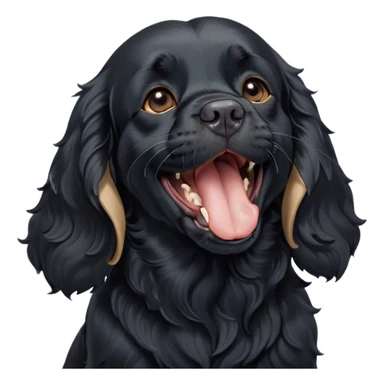 Cinematic Cute Yawning Black Cocker Spaniel Portrait Emoji, Head tilted slightly with a dramatic, wide-open yawn, showcasing a sleek black coat with subtle tan highlights, floppy ears slightly drooping, round dark eyes barely open in drowsy contentment, Simplified yet irresistibly adorable features, highly detailed, glowing with a soft, cozy glow, high shine, relaxed yet expressive, stylized with a touch of whimsy, bright and endearing, soft glowing outline, capturing the essence of a sleepy yet affectionate companion, so drowsy it feels like it could stretch out of the screen and curl up for a nap! sticker