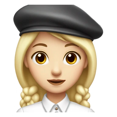 blonde girl, red eyes, white buttoned shirt, beret sticker