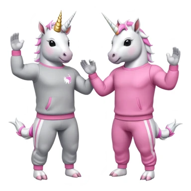 two friendly anthropomorphised male white unicorns with fit, chunky, muscular and strong physiques, arms and legs matching the white of the head, both wearing grey tracksuit pants and pink jumpers, sunglasses, high-fiving each other sticker