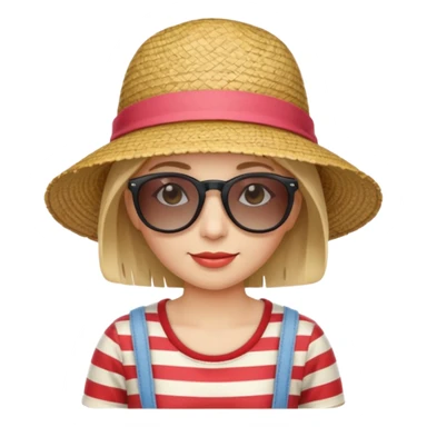 woman with striped clothing sun glasses and straw hat sticker