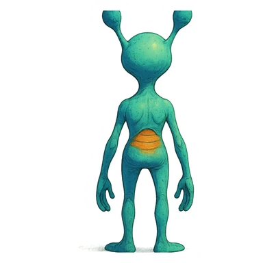 alien, rear view, standing, imaginative style, creative design, stylized illustration, back view, character design sticker