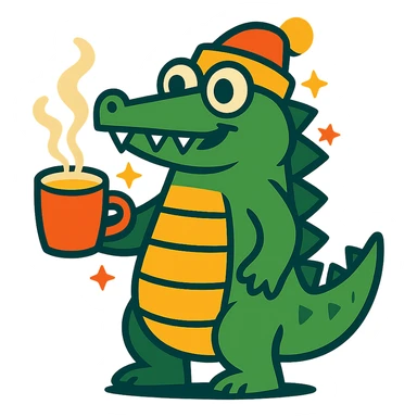 cartoon crocodile with a Bombardino mug steam rising festive atmosphere sticker