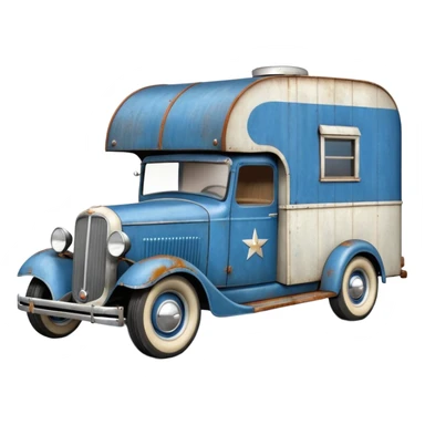 A 1934 ratty old antique rat Chevrolet hot rod caravan pulling a large matching trailer, blue and pearl  sticker