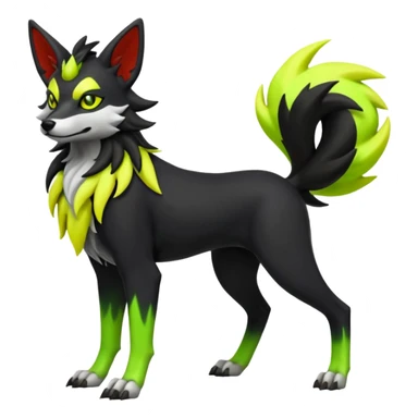 Hyper realistic skeletal black and neon green and neon yellow Mightyena-Lycanroc-Zorua-Litten-Houndoom-Fakémon-Pokémon-Digimon-hybrid-fusion (full body) sticker