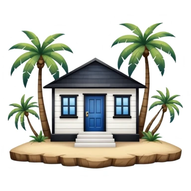 A square white and blue stripe house horizontally with wooden door on a island with palm trees sticker