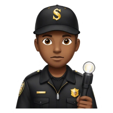 A vigilant male security guard wearing a black uniform, a baseball cap with ‘SECURITY’ embroidered on it, and a black jacket. He holds a flashlight  shining its beam forward, np police uniforms, no badge sticker