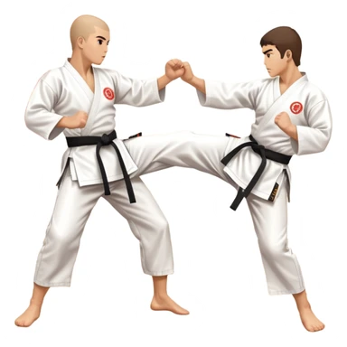 Two karate fighters in traditional gi sparring. One executes a high kick aimed at the opponent’s head, while the other blocks with a strong hand defense. The background features a classic dojo with wooden flooring and banners. Dynamic motion and focused expressions. Transparent background. sticker