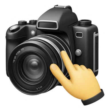 Minimalist emoji-style sticker of a photo camera ejecting a photo, but a hand comes out instead. Black and white, surreal icon. sticker