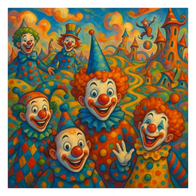 a surreal clown world, with colorful clowns, whimsical landscapes, and playful chaos, vibrant and imaginative sticker