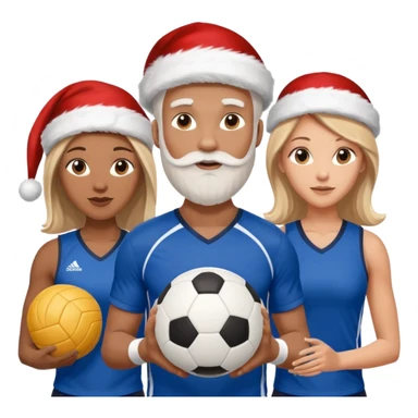 3 atletas, um homem no meio e duas mulheres com cores de pele diferentes, usando elementos esportivos, bola de futebol e bola de vôlei. Coloque um chapéu de papai noel das cores verde e com roupas azul e branco sticker