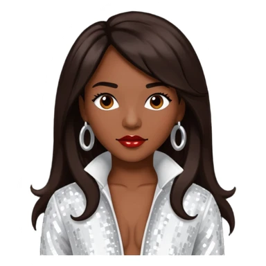 Chilli from TLC with dark skin, long dark brown hair, white sequin outfit sticker
