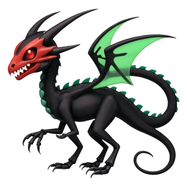 Obsidian-black and neon-glowing-green skeletal Meloetta-Salandit-Noivern-Salazzle-Pokémon-Fakémon-creature-fusion-hybrid with glowing crimson-red evil slit eyes sticker