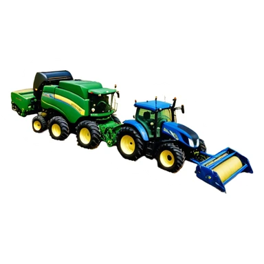 Baler – New Holland Roll-Belt 560 (2018) – Cinematic-realistic John Deere 6155M tractor towing a New Holland Roll-Belt 560 baler, its deep green body contrasting with the bright blue baler. The massive machine moves steadily through golden fields, compressing freshly cut hay into tight round bales, while dust swirls under the blazing afternoon sun. sticker