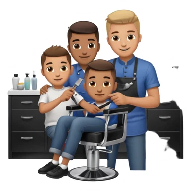 Barber cutting teenage boys hair. Show the boy sat in black barber chair and both having smiles on their faces sticker