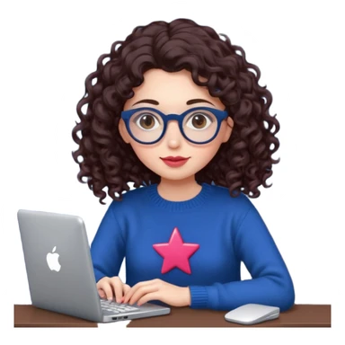 a white young woman with very long curly dark brown/chocolate hair typing in a computer. she's using round glasses, her lips are light red and her cheeks slightly pink. Her eyes are dark brown. She's using a dark blue knit sweater that has a tiny star in the middle   sticker