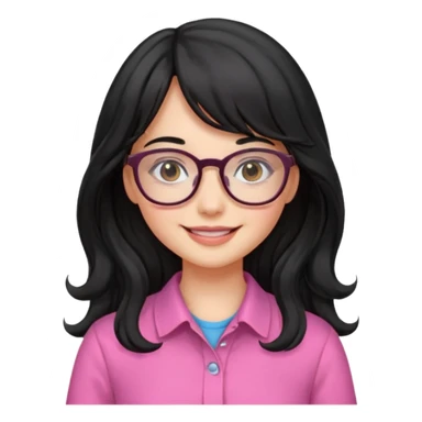 Please generate a portrait of a pretty girl with long, wavy, black hair. She's smiling. She also wears a middle parting and bangs. with glasses pink clothing sticker