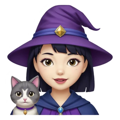 An Asian short-haired girl with short raven hair and bangs, with heterochromia eyes(her left eye is silver coloured and her right eye is dark brown coloured), cat-eyed eyeliner, and laughs with a tiny fang of mauve-toned lipstick, wears a dark navy wizard hat with an emblem on it. sticker