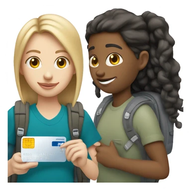 White skin tone student holding visa bank card, but its student card, one hand holding card other one holding backpack sticker