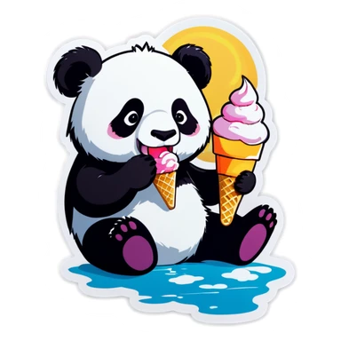 Panda eating ice cream while at the beach  sticker