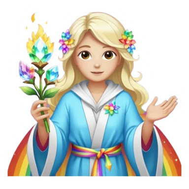 a being made of light of light with a robe on made of light and who is lanky holding a bouquet of crystal flowers on rainbow fire sticker