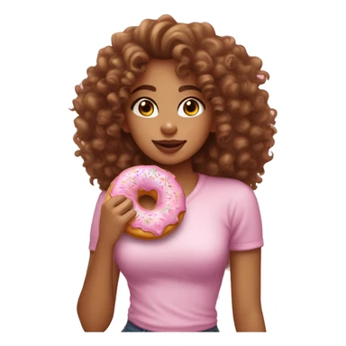 A lightskin girl with curly hair eating a pink frosted donut with sprinkles  sticker