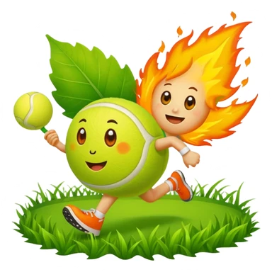 cartoon characters from bfdi, including a leaf, fire, and tennis ball, happily running in a grassy field sticker