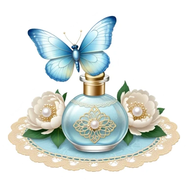 A delicate glass perfume bottle with an iridescent pearl finish rests on a vintage lace doily. A pale blue butterfly flutters nearby, its shimmering wings catching the soft golden light. Scattered white peony petals and a string of pearls add a touch of timeless elegance. sticker