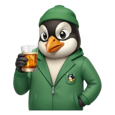 head and shoulders portrait of a friendly anthropomorphised penguin wearing a green mafia-style tracksuit, angry intense brooding expression, holding a glass of whiskey sticker