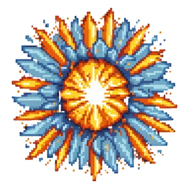 Bomberman explosion center tile animation frame 1, slightly smaller bright fiery explosion core, yellows and oranges, clean pixel art edges, beginning of explosion sticker