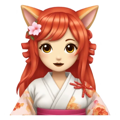 hime gyaru girl, kimono, red hair, kitsune mask sticker