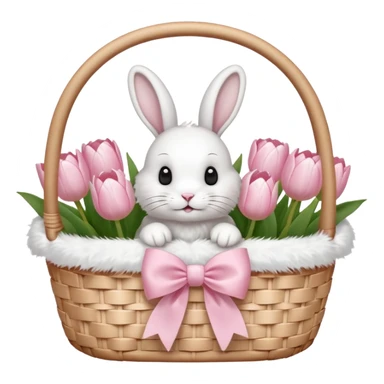 A white Picnic basket with light pink bow, white peonie, tulips and a white rabbit inside sticker