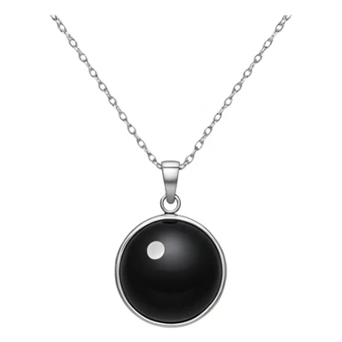 polished round black onyx pendant on a delicate silver chain, glowing faintly like a celestial orb sticker