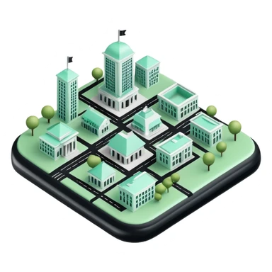 Collectivités Territoriales (Local Authorities), 3D techy icon with black and mint green (#B5F4D3) color scheme, regional map with administrative buildings sticker